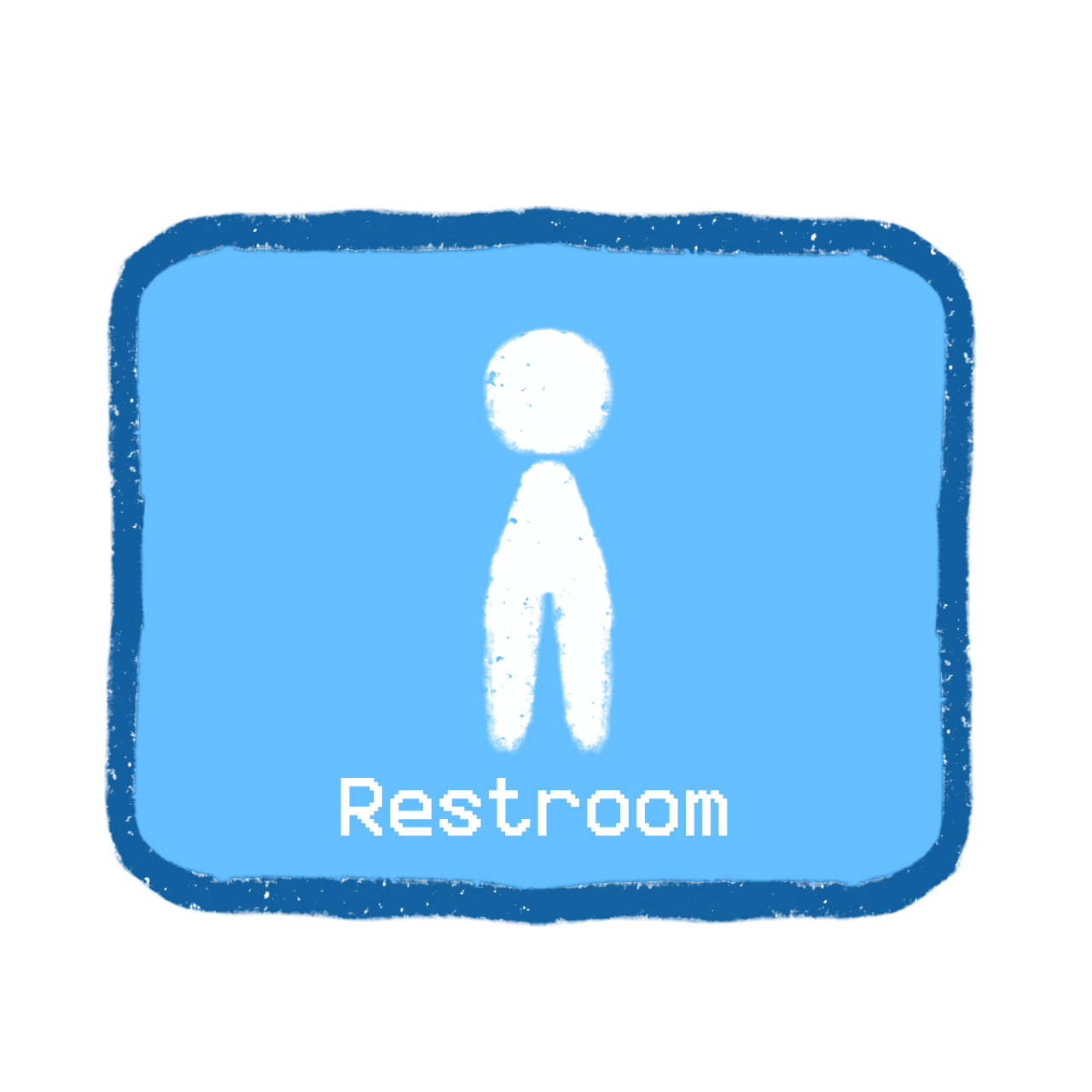 a sign for the mens restroom. It has a blue background with a white stick figure of a person with legs and the word 'Restroom' written below it.